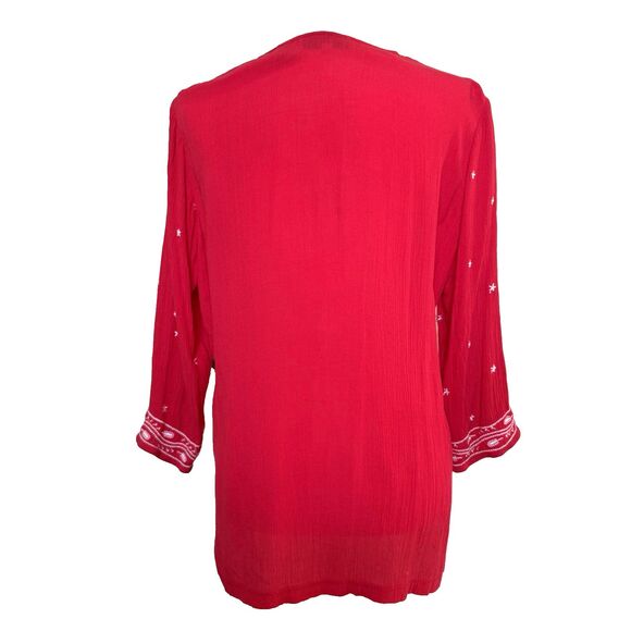 Vtg Red Embroidered Tunic Women’s M 3/4 Sleeve Blouse Boho Folk Peasant Festival - Picture 2 of 7